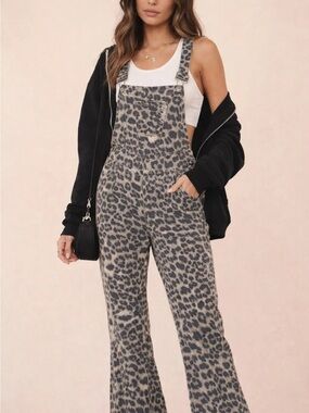 Aaron & Amber Leopard Print Flared Overalls - Tan Grey & Taupe - NWT Medium